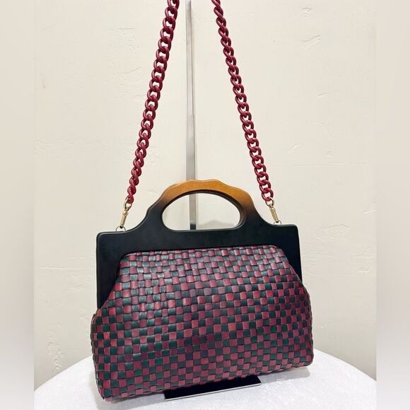 Colorblock Woven Cowhide Handmade Wooden Frame Top Handle Satchel, Crossbody Bag - Picture 1 of 16